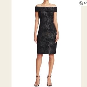 Teri Jon by Rickie Freeman Black Metallic Off‑Shoulder Midi Sheath Dress Size: 4